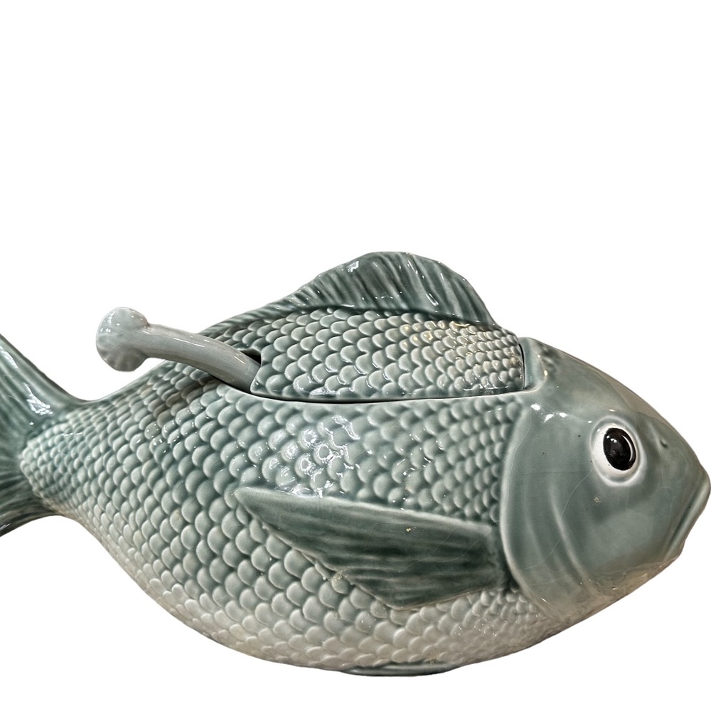 Vintage~ Majolica Fish Soup Tureen With Serving Spoon Ladel